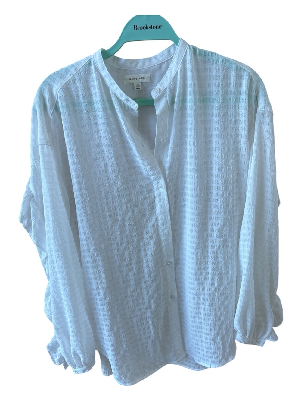 Max Studio White Textured Band-Collar Button-Down Shirt
